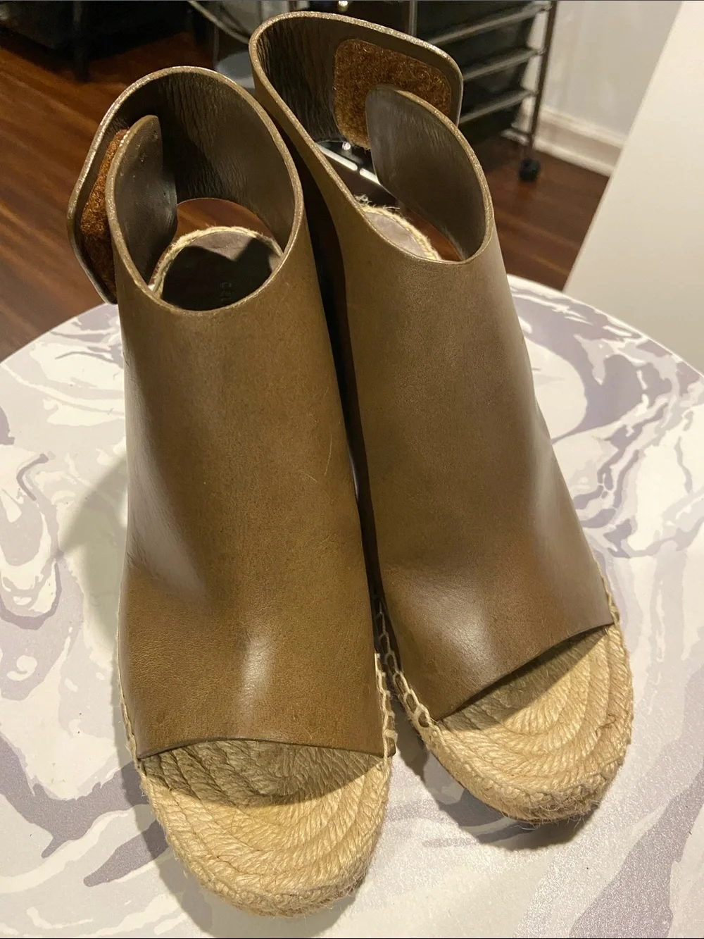 Celine Paris Brown Leather Espadrille Wedge Sandals Peep Toe Size 36